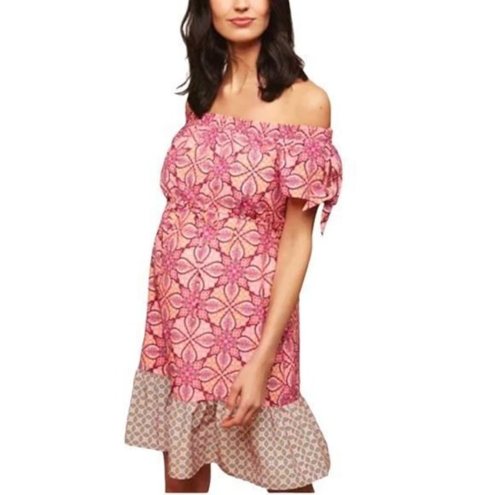 Motherhood Maternity Paisley Dress XL Off Shoulder Tie Sleeve Pink Knee Length